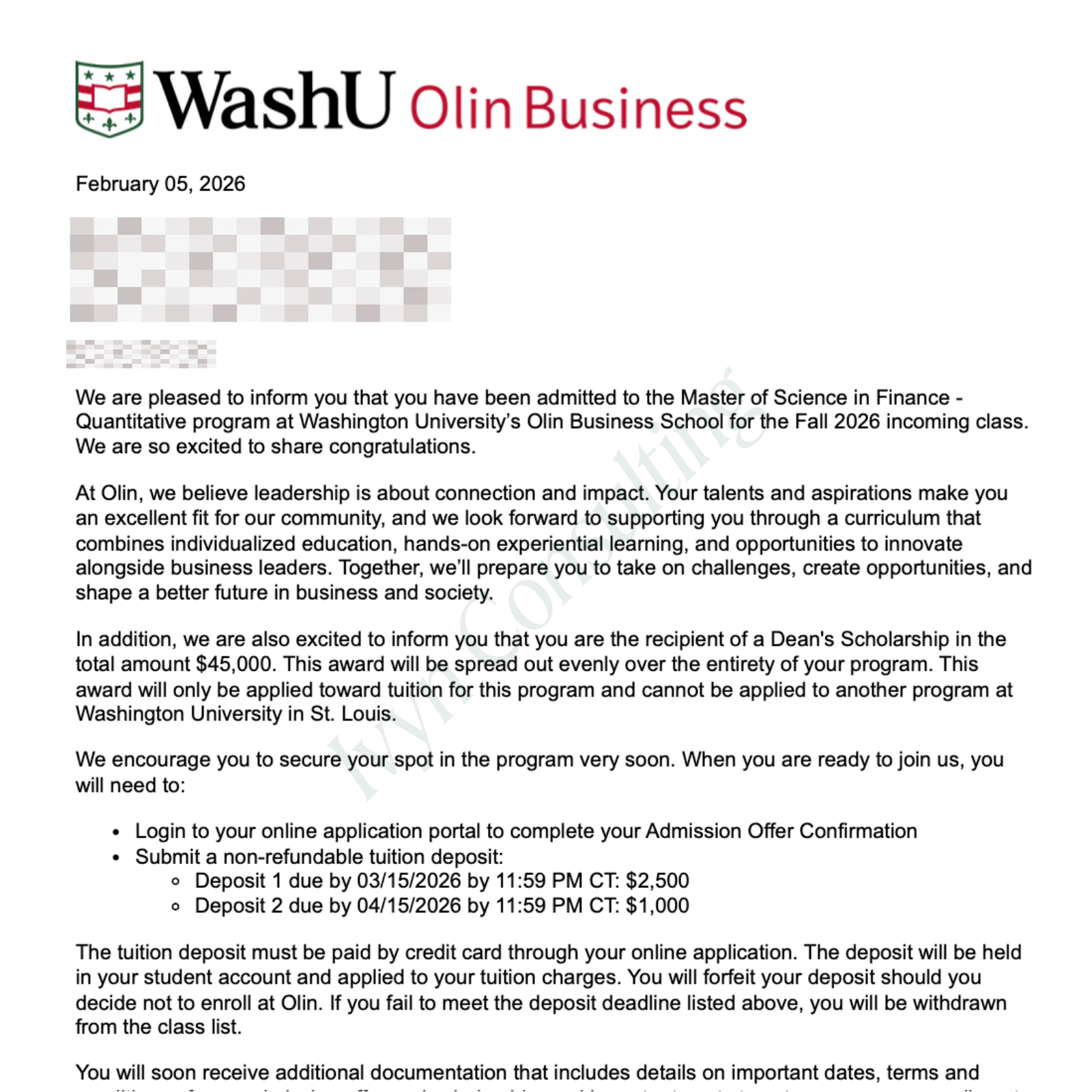 WashU 합격증